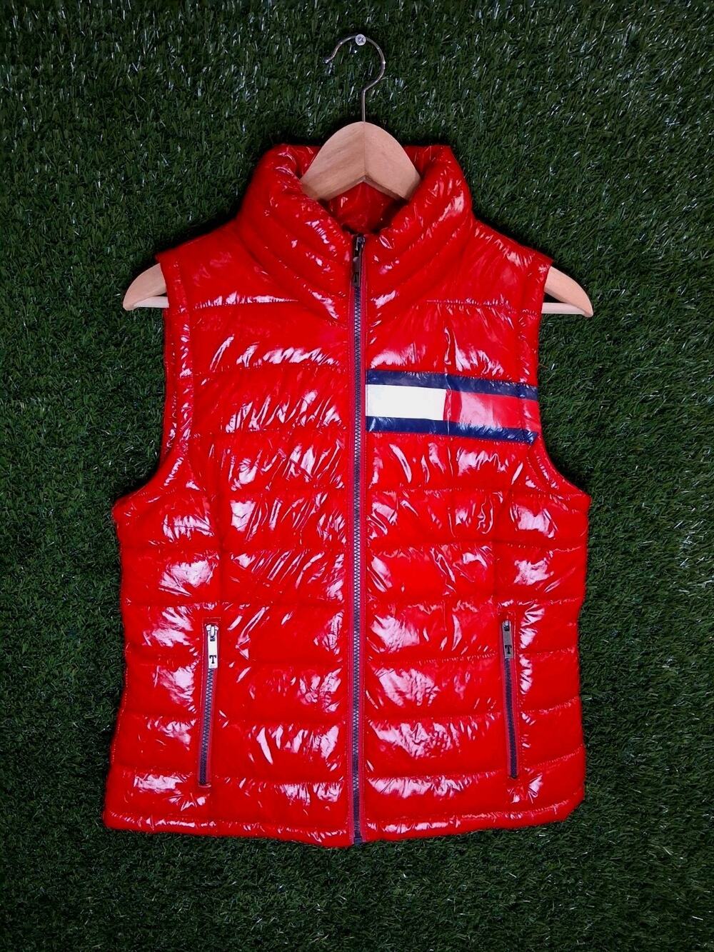 Tommy Jeans Women's Flag Puffer Vest Crimson Red Size XS TP/XP Glossy Quilted